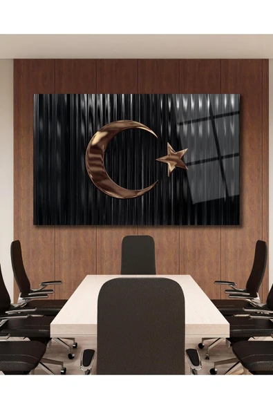 Türk Bayrağı Cam Tablo Bakır Renk Modern Ev Ofis Salon Kurum Hediyelik Tablo ürün görseli