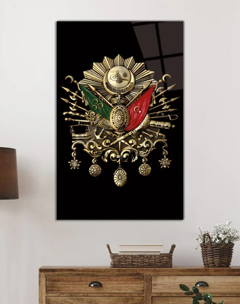 Osmanlı Arması Tuğrası Cam Tablo, Ev ve Ofis Duvar Dekoru, Hediyelik Büyük Temperli Cam Tablo - Resim 2