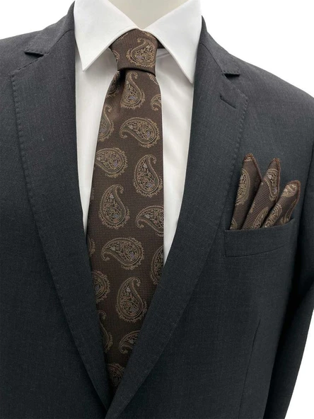 Brianze 7 Cm Kahverengi Şal Desen Kravat Mendil Set ürün görseli 1