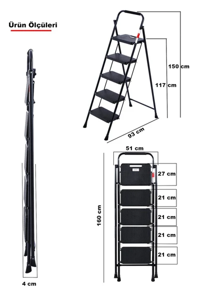 Perilla 51405 Stepla Geniş 5 Basamaklı Katlanır Merdiven Eurotower Siyah 5 Basamaklı - Resim 5