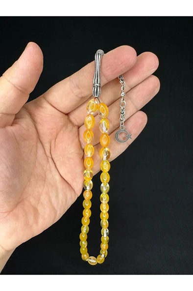 TOZ KEHRİBAR TESBİH SARI RENKLİ BEYZİ KESİM 10MMX6,5MM T-681 ürün görseli