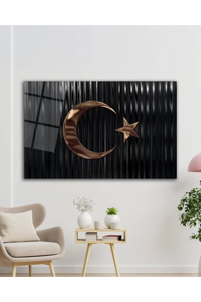 Türk Bayrağı Cam Tablo Bakır Renk Modern Ev Ofis Salon Kurum Hediyelik Tablo - Resim 4