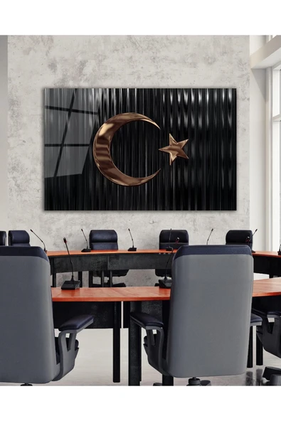 Türk Bayrağı Cam Tablo Bakır Renk Modern Ev Ofis Salon Kurum Hediyelik Tablo - Resim 2