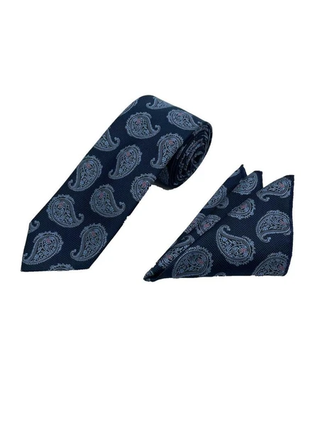 Brianze 7 Cm Lacivert Mavi Şal Desen Kravat Mendil Set - Resim 2