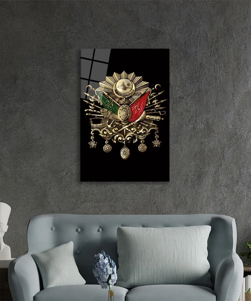 Osmanlı Arması Tuğrası Cam Tablo, Ev ve Ofis Duvar Dekoru, Hediyelik Büyük Temperli Cam Tablo - Resim 3