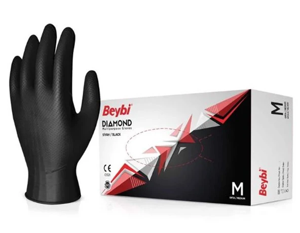 Beybi Diamond M Beden Pudrasız Kalın Siyah Nitril Eldiven Medium (Kutuda 100 Adet) ürün görseli