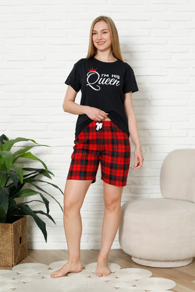 Kadın Pijama Takımı - Ekose Altlı (Diz Üstü) - 12426 - Resim 3