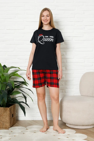 Kadın Pijama Takımı - Ekose Altlı (Diz Üstü) - 12426 - Resim 2