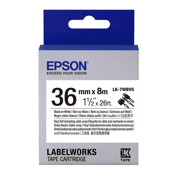 Epson LK-7WBVS Kendinden Laminasyonlu Kablo Giydirme Beyaz Üzeri Siyah 36mm 8Metre Etiket ürün görseli