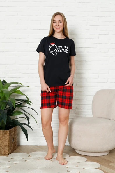 Kadın Pijama Takımı - Ekose Altlı (Diz Üstü) - 12426 - Resim 4