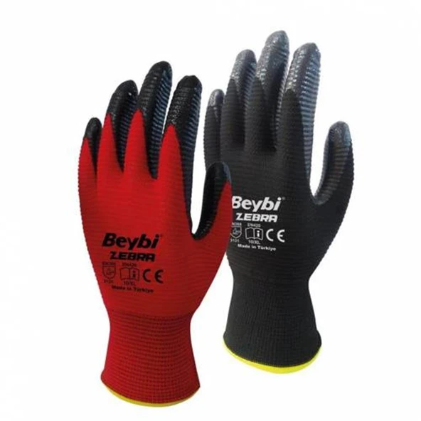 Beybi Nitril Poly Pnzebra 10 Beden Kırmızı Siyah Eldiven 12li Paket EN388 (3131X) ürün görseli