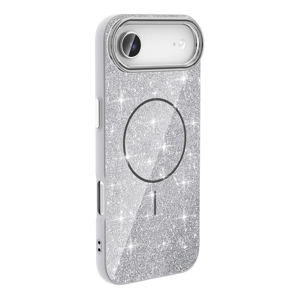 iPhone 17 Air Kılıf M-safe Şarj Özellikli Parlayan Simli ZNTH Okso Kapak - Beyaz - Resim 6