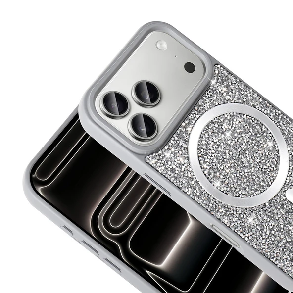 iPhone 17 Pro Kılıf Pırlanta Tasarımlı M-safe Şarj Özellikli ZNTH Mozaik Silikon Kapak - Siyah - Resim 7