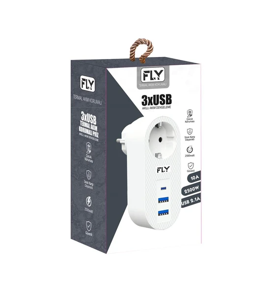 FLY-3400-01 Akım Korumalı.1 li Priz 2-Usba 1-C Soket 2.1A 10A 2500W ürün görseli