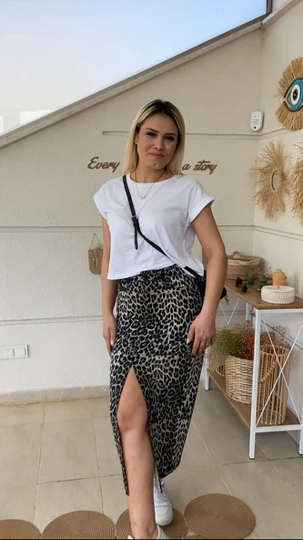 Leopar Desenli Yırtmaçlı Jean Midi Etek - Resim 3