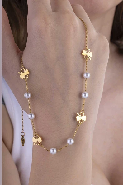 Gümüş Pazarım Yonca Geçişli İnci Model Altın Kaplama Çelik Kadın Kolye - Resim 2