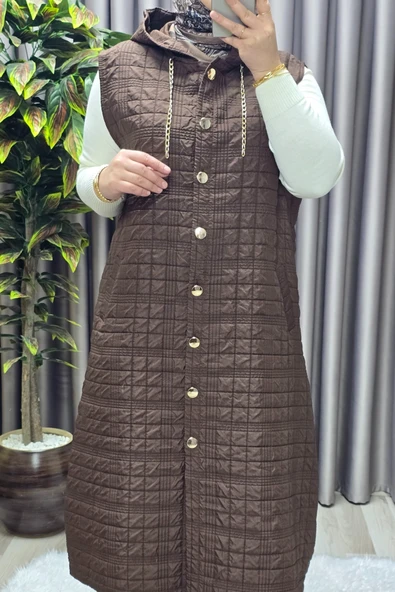 Kadın Giyim Büyük Beden Kapşonlu Astarlı Kare Desen Yelek - Resim 9