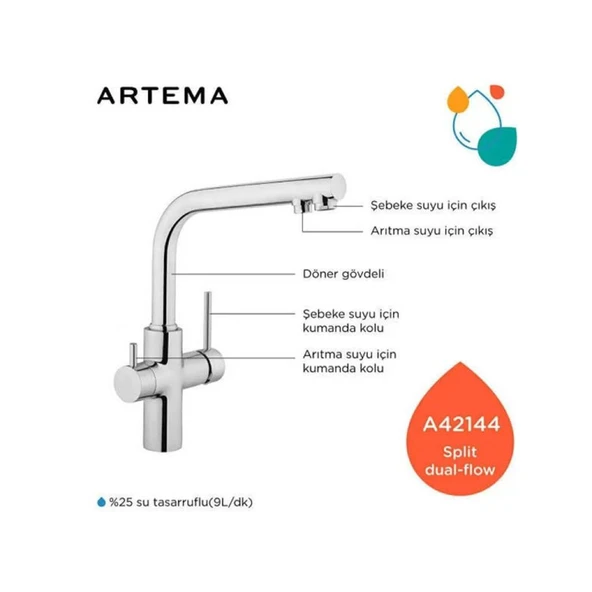 Artema Spit Dual Flow Arıtmalı Eviye Bataryası A42144 - Resim 4