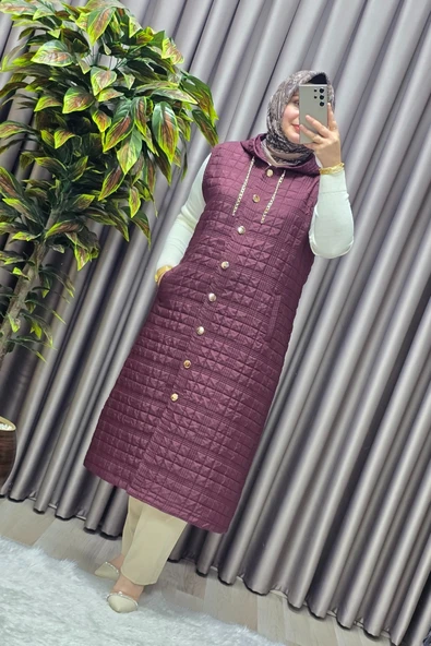 Kadın Giyim Büyük Beden Kapşonlu Astarlı Kare Desen Yelek - Resim 5