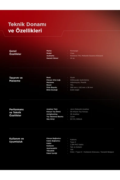 Rampage Claw Type-C TKL Red Switch Mekanik Rainbow Antighosting Türkçe Q Gaming Oyuncu Klavyesi Beyaz - Resim 8