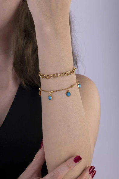 Gümüş Pazarım Firuze Taşlı Çift Zincir Altın Kaplama Çelik Kadın Bileklik - Resim 2