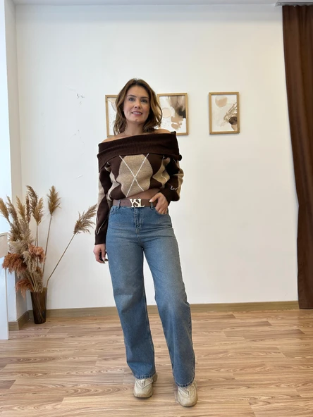 Baklava Desenli Madonna Yaka Kazak - Resim 7