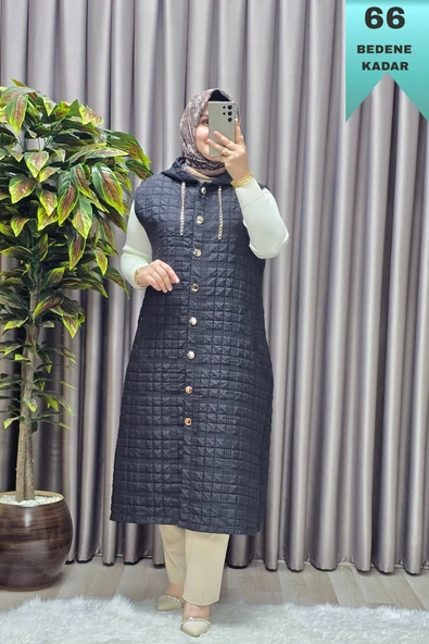 Kadın Giyim Büyük Beden Kapşonlu Astarlı Kare Desen Yelek ürün görseli