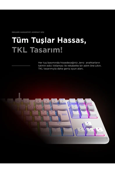 Rampage Claw Type-C TKL Red Switch Mekanik Rainbow Antighosting Türkçe Q Gaming Oyuncu Klavyesi Beyaz - Resim 4
