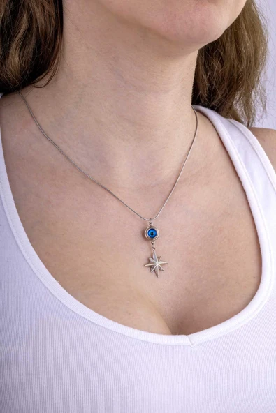 Gümüş Pazarım Göz Motifli Kutup Yıldızı Çelik Kadın Kolye - Resim 2