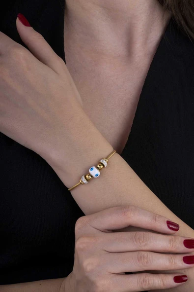 Gümüş Pazarım Firuze Taşlı Çift Zincir Altın Kaplama Çelik Kadın Bileklik ürün görseli 1