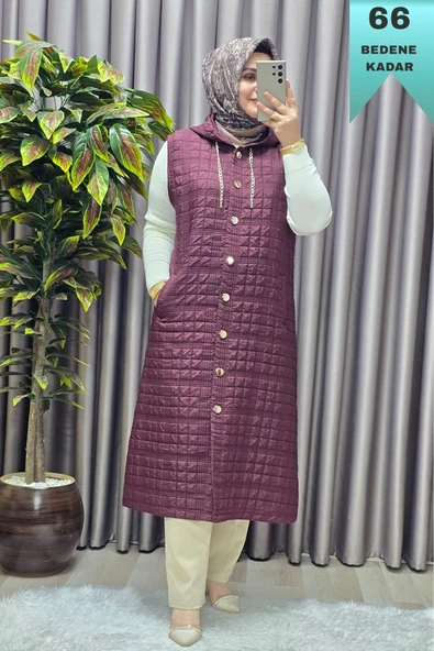 Kadın Giyim Büyük Beden Kapşonlu Astarlı Kare Desen Yelek - Resim 4