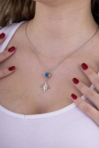 Gümüş Pazarım Göz Motifli Kutup Yıldızı Çelik Kadın Kolye - Resim 3