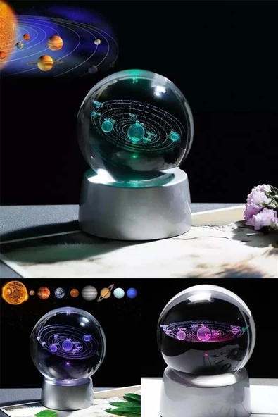 Renk Değiştiren Led Işıklı Sevgiliye Dekoratif Hediye Işıklı Cam Küre Güneş Sistemi Saat Pilli - Resim 2