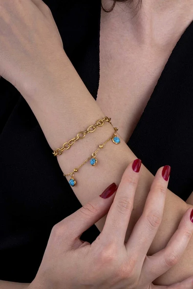 Gümüş Pazarım Firuze Taşlı Çift Zincir Altın Kaplama Çelik Kadın Bileklik ürün görseli 1