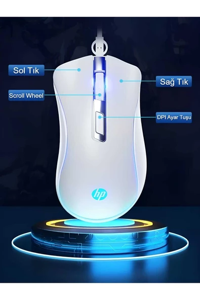 HP G100 1600 Dpı Usb Kablolu Optik Ledli Gökkuşağı Aydınlatmalı Oyuncu Mouse Beyaz | Ramwhite Garantili - Resim 4