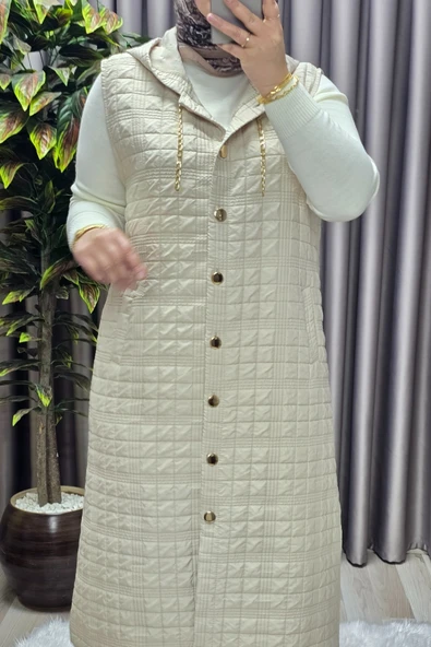 Kadın Giyim Büyük Beden Kapşonlu Astarlı Kare Desen Yelek - Resim 11