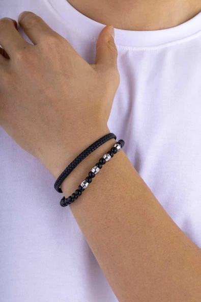 Gümüş Pazarım Oniks Hematit Taşlı Örgü Deri Erkek Deri Bileklik - Resim 2