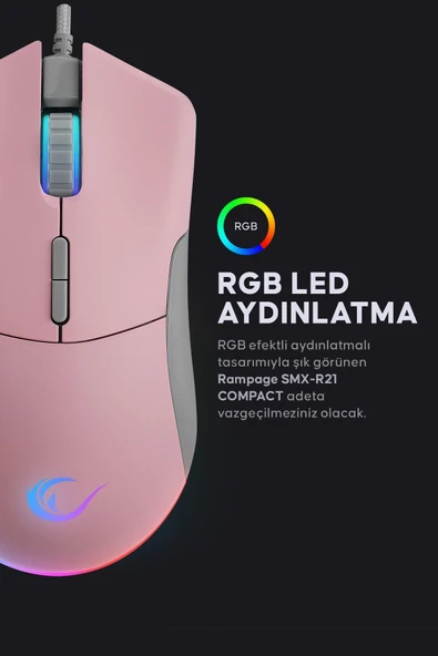 Rampage Smx-r21 Compact Usb Pembe Rgb Ledli Makrolu 12800dpi / 1000hz Drag Click Gaming Oyuncu Mouse - Resim 2