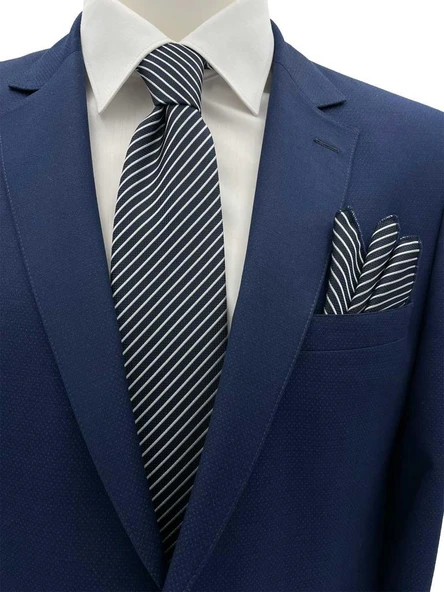 Brianze 7.5 Cm Lacivert Beyaz Çizgili Kravat Mendil Set ürün görseli 1