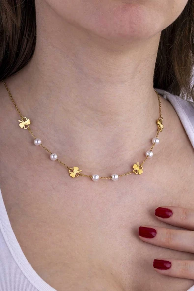 Gümüş Pazarım Yonca Geçişli İnci Model Altın Kaplama Çelik Kadın Kolye - Resim 3