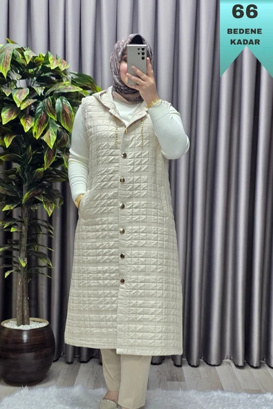 Kadın Giyim Büyük Beden Kapşonlu Astarlı Kare Desen Yelek - Resim 10