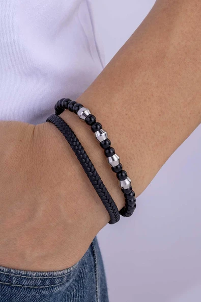 Gümüş Pazarım Oniks Hematit Taşlı Örgü Deri Erkek Deri Bileklik ürün görseli 1