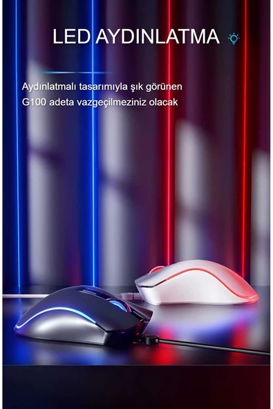 HP G100 1600 Dpı Usb Kablolu Optik Ledli Gökkuşağı Aydınlatmalı Oyuncu Mouse Beyaz | Ramwhite Garantili - Resim 5