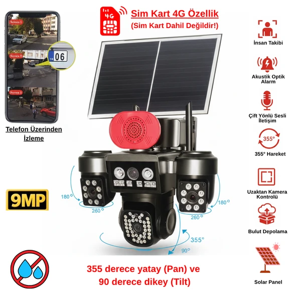Apronx 9MP 4G Solar PTZ Kamera | 3 Ekran 10x Optik Zoom | 12W Panel | 20.000 mAh Batarya | SIM Kartlı ürün görseli