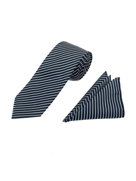 Brianze 7.5 Cm Lacivert Beyaz Çizgili Kravat Mendil Set - Resim 2
