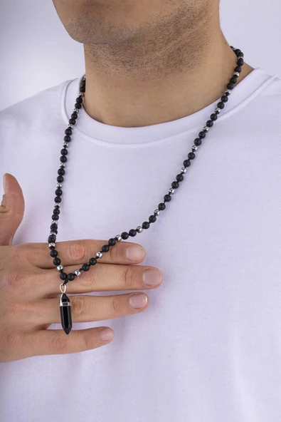 Gümüş Pazarım Oniks ve Hematit Taşlı Doğal Taş Erkek Kolye - Resim 2