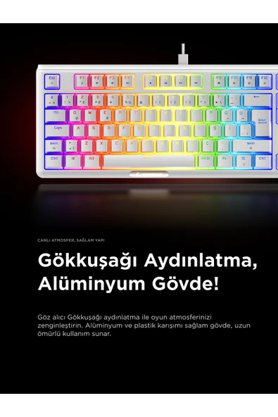 Rampage Claw Type-C TKL Red Switch Mekanik Rainbow Antighosting Türkçe Q Gaming Oyuncu Klavyesi Beyaz - Resim 5