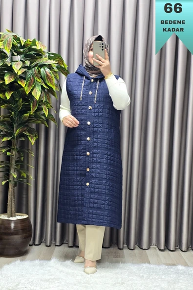 Kadın Giyim Büyük Beden Kapşonlu Astarlı Kare Desen Yelek - Resim 6