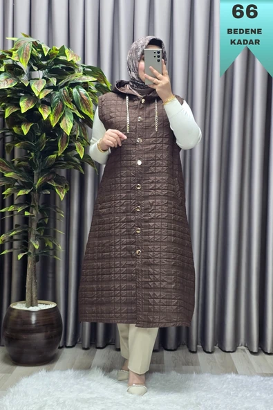 Kadın Giyim Büyük Beden Kapşonlu Astarlı Kare Desen Yelek - Resim 8