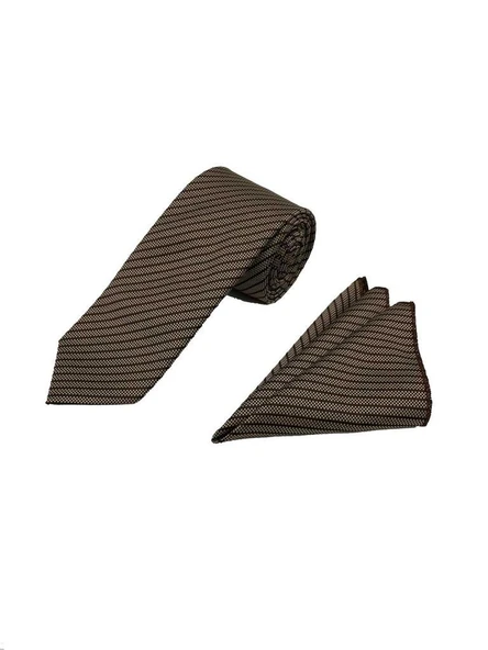Brianze 7.5 Cm Kahverengi Çizgili Kravat Mendil Set - Resim 2